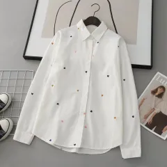 Love Embroidered Cardigan White Shirt Loose Lapels Women's Shirt - White - View 1