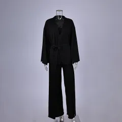 Womens Pyjama Set Knitted Underwear With Ruffle Trim Robe And High-Slit Pants - Black - View 1