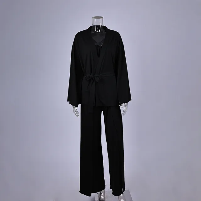 Womens Pajama Set Knitted Underwear With Ruffle Trim Robe And High Slit Pants Black - Shop at LoveMi