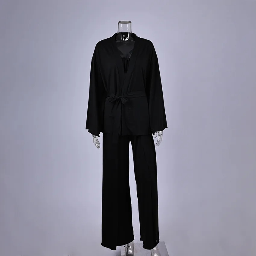 Womens Pajama Set Knitted Underwear With Ruffle Trim Robe And High-Slit Pants - Black