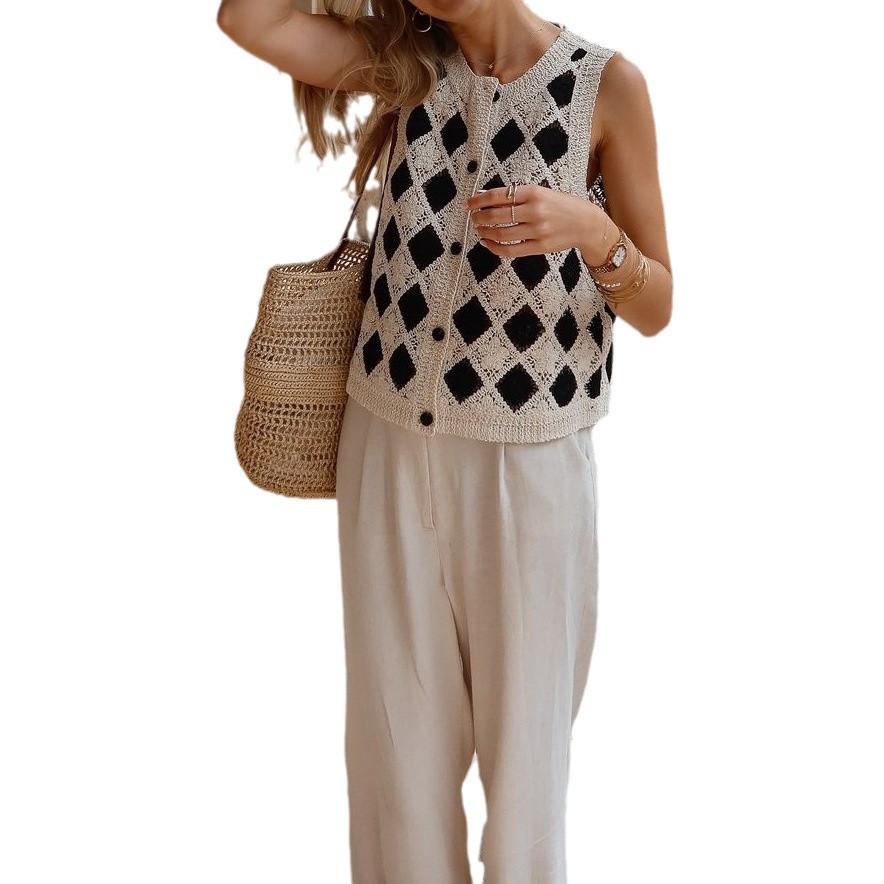 Black And White Checkerboard Plaid Vest Woven Cardigan Top