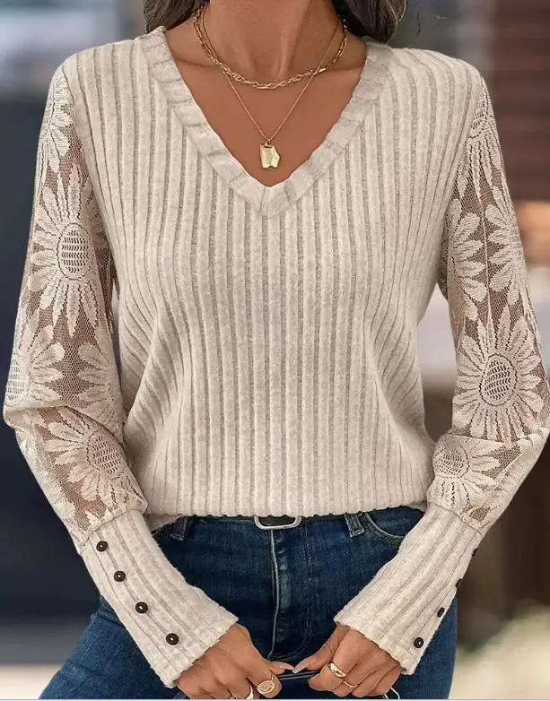 V neck Pullover Loose fitting Long Sleeves Sweater Apricot - Shop at LoveMi