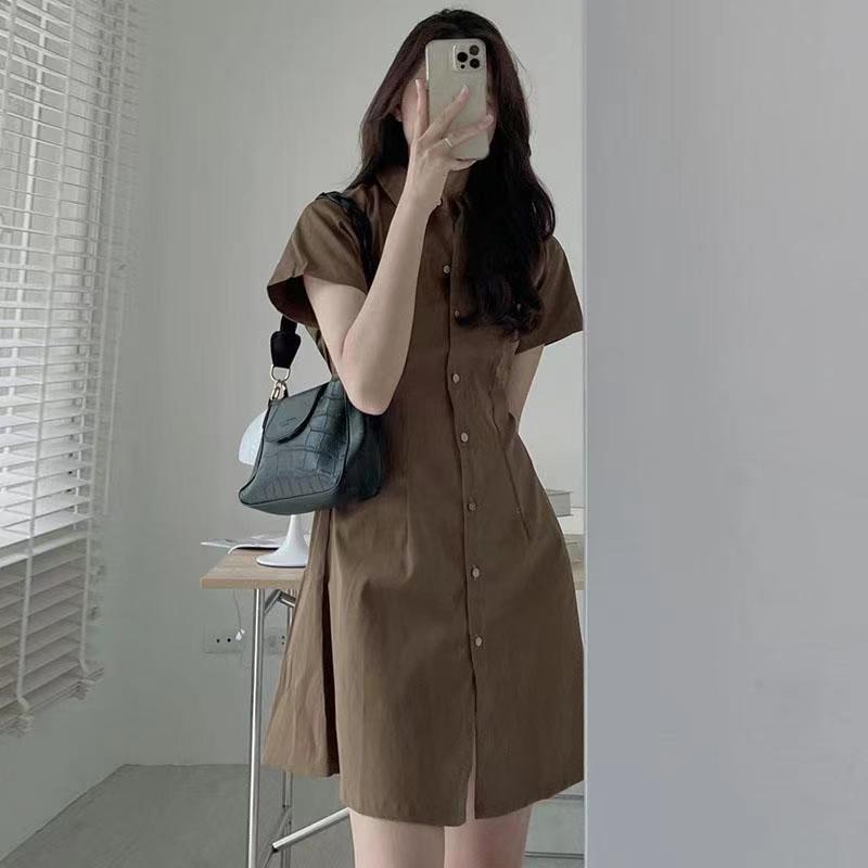 Simple Temperament Lapel Single Breasted Waist Slimming Small Size Dress Coffee - Shop at LoveMi