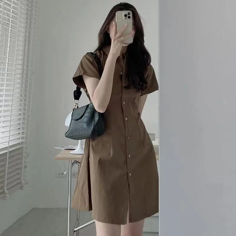 Simple Temperament Lapel Single Breasted Waist Slimming Small Size Dress - Coffee