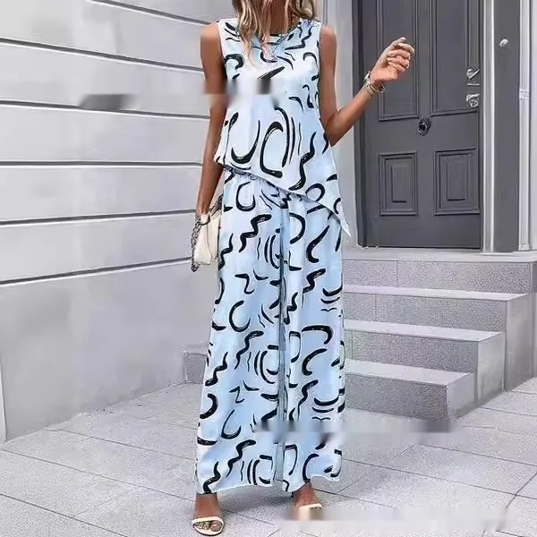 Women's Clothing Spring And Summer Hot selling Sleeveless Round Neck Beveled Top Printed Pants No 5 Color - Shop at LoveMi