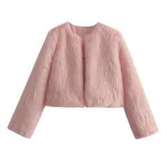 Polyester Imitation Fur Women's Short Cardigan Coat - Pink - View 1