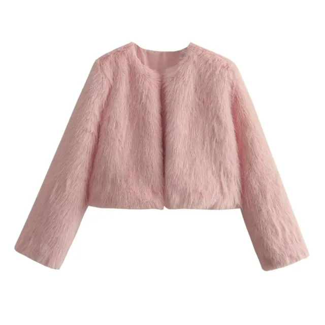 Polyester Imitation Fur Women's Short Cardigan Coat Pink - Shop at LoveMi