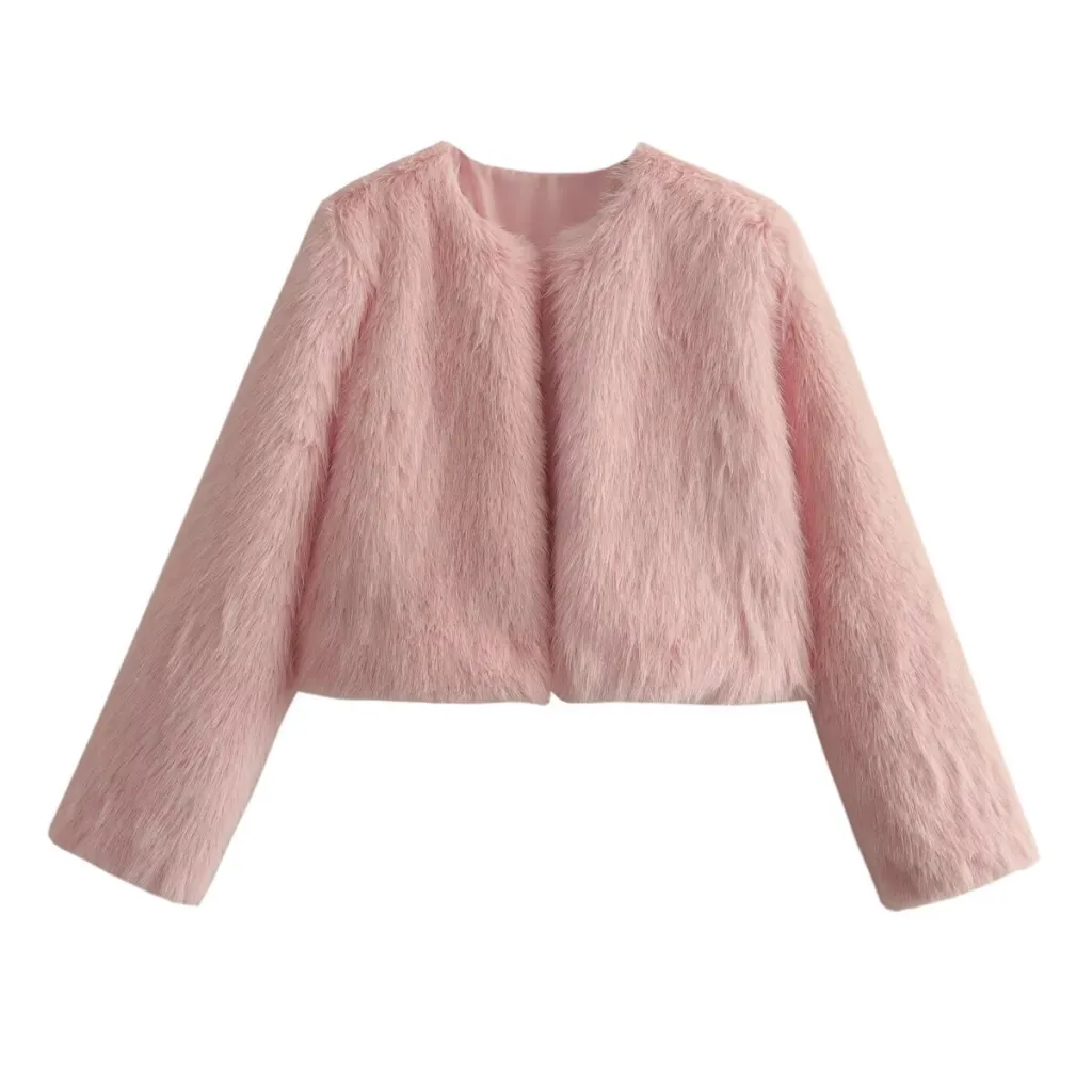 Polyester Imitation Fur Women's Short Cardigan Coat - Pink