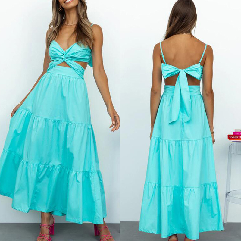 Sexy Sling Dress Ruffled Bow Backless Hollow Out