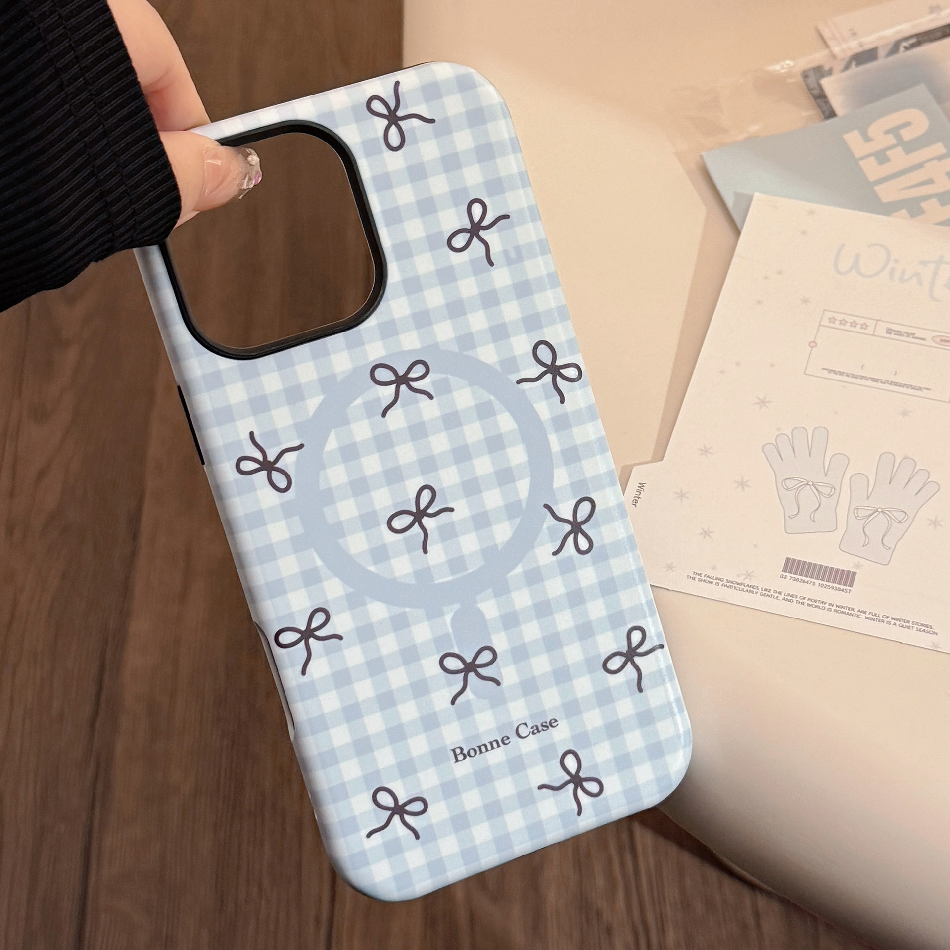 Plaid Bowknot Magnetic Stand Phone Case