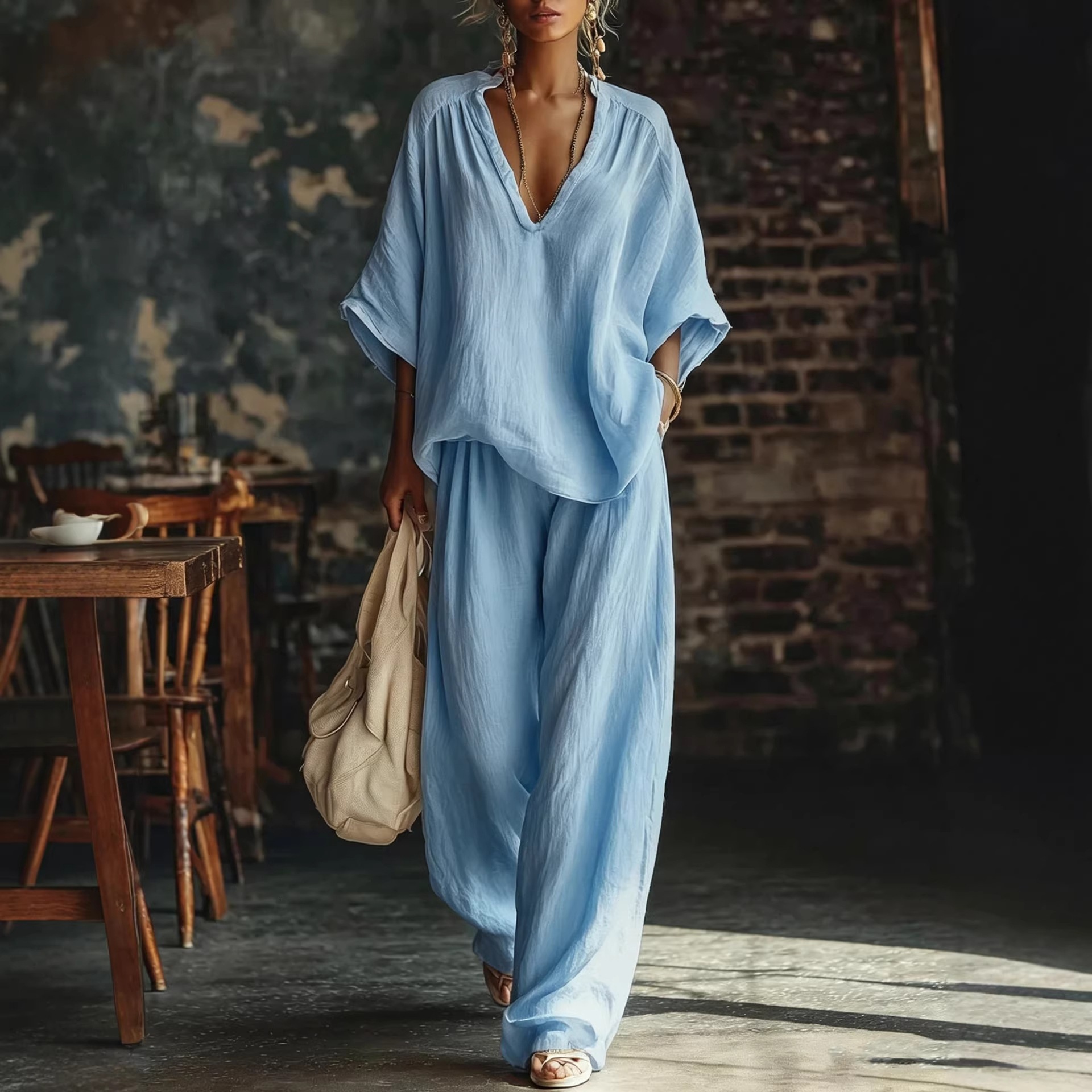 V-Neck Loose Short-Sleeve Top & Pants Set in Sky Blue – fresh casual everyday look