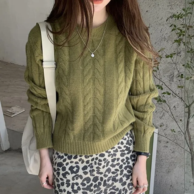 Women's Retro Twist Round Neck Sweater Western Style Leisure Loose Pullover Olive - Shop at LoveMi