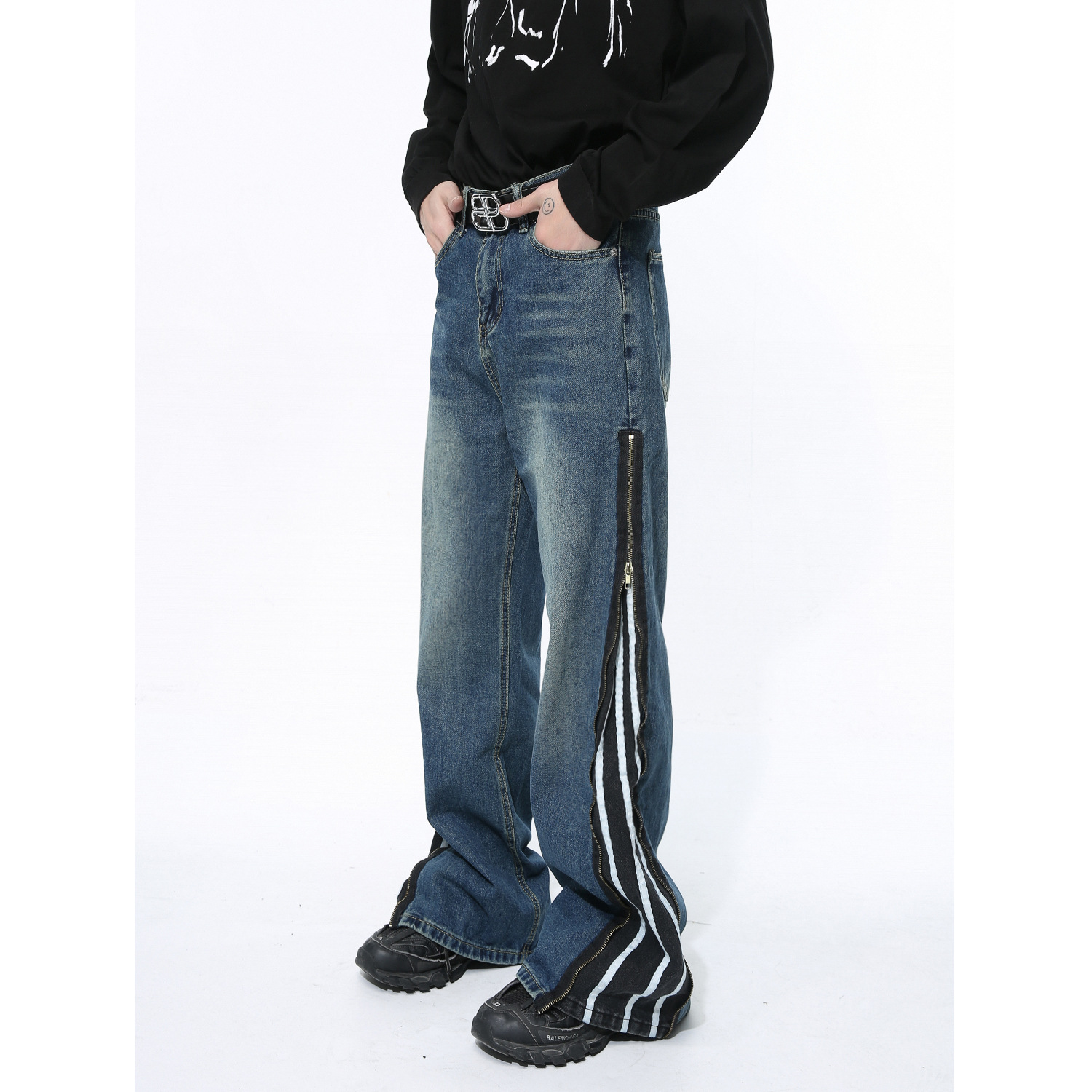 American Style Retro Patchwork Zipper Design Sense Denim Fashionable Trousers