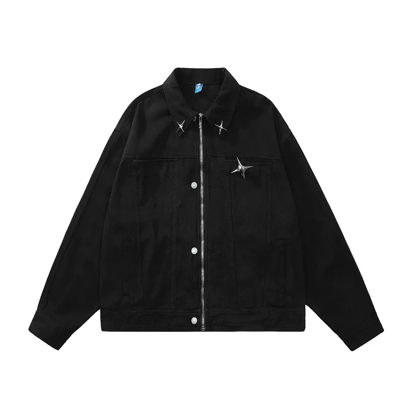 Denim Jacket Male And Female Trendy Brand Hip Hop Cool Loose Zip Couple - Black