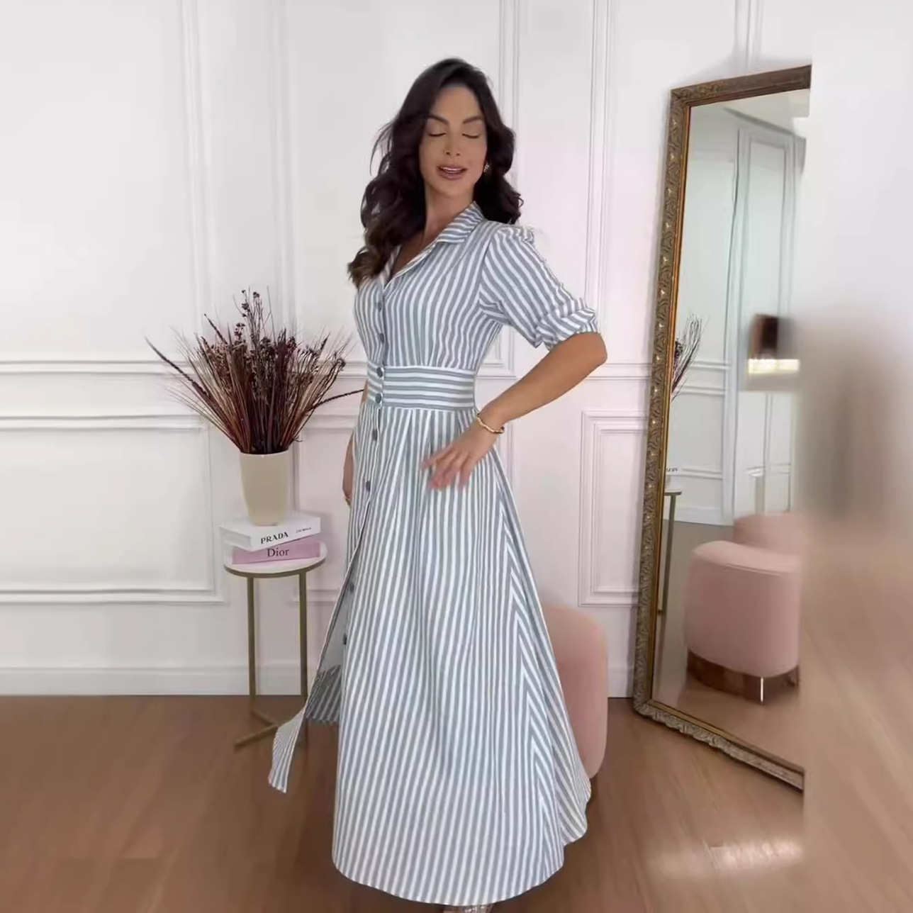 European And American Fashion Striped Printing Elegant Style Temperament Shirt Long Dress