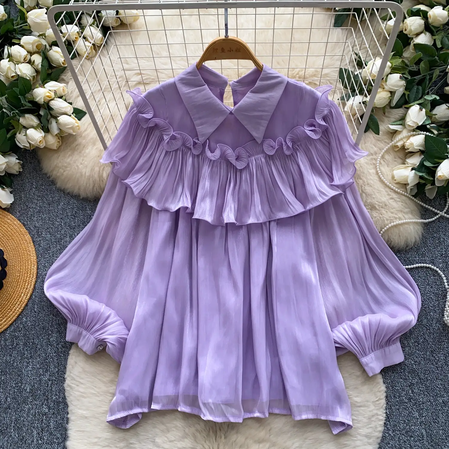 Womens Solid-color Loose-fitting Breathable Ruffled-edge Blouse