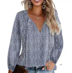 Floral Casual V-neck Chiffon Shirt Loose And Simple - Dark Blue Long Sleeve - View 1