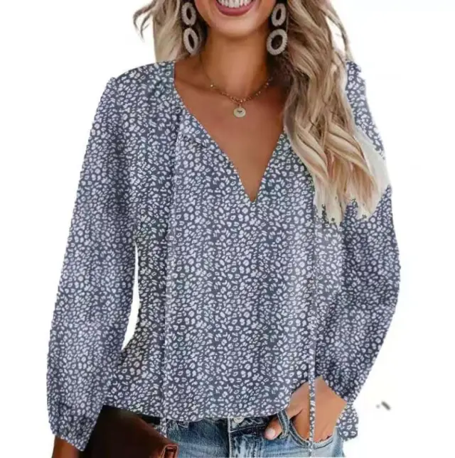Floral Casual V neck Chiffon Shirt Loose And Simple Dark Blue Long Sleeve - Shop at LoveMi