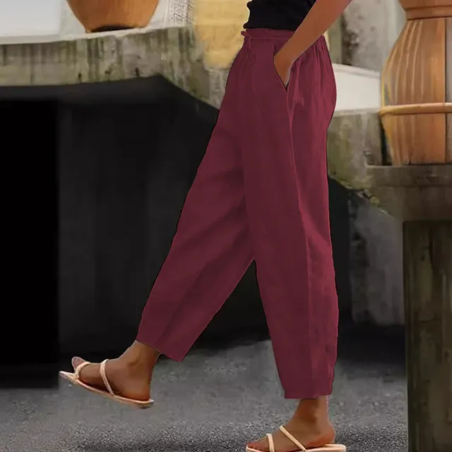 Spring And Autumn New Women's Cotton And Linen Solid Color Fashion Casual Daily Elasticated Slacks Wine Red - Shop at LoveMi