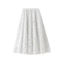 Women's Lace Skirt Sequin Large Flower A- Line Skirt - White - View 1