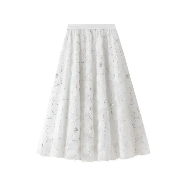 Women's Lace Skirt Sequin Large Flower A Line Skirt White - Shop at LoveMi