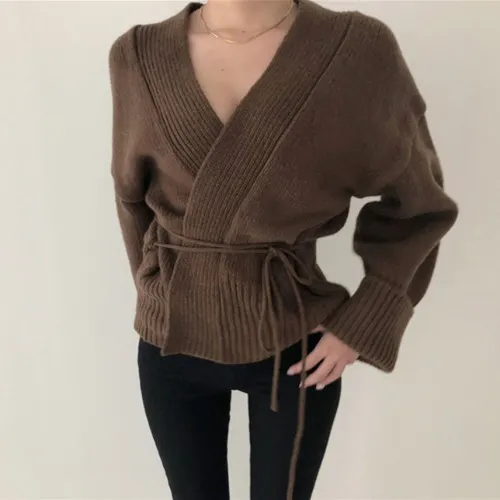 Autumn And Winter Lazy Wind Net Infrared Wear V neck Knitted Cardigan Sweater Brown - Shop at LoveMi