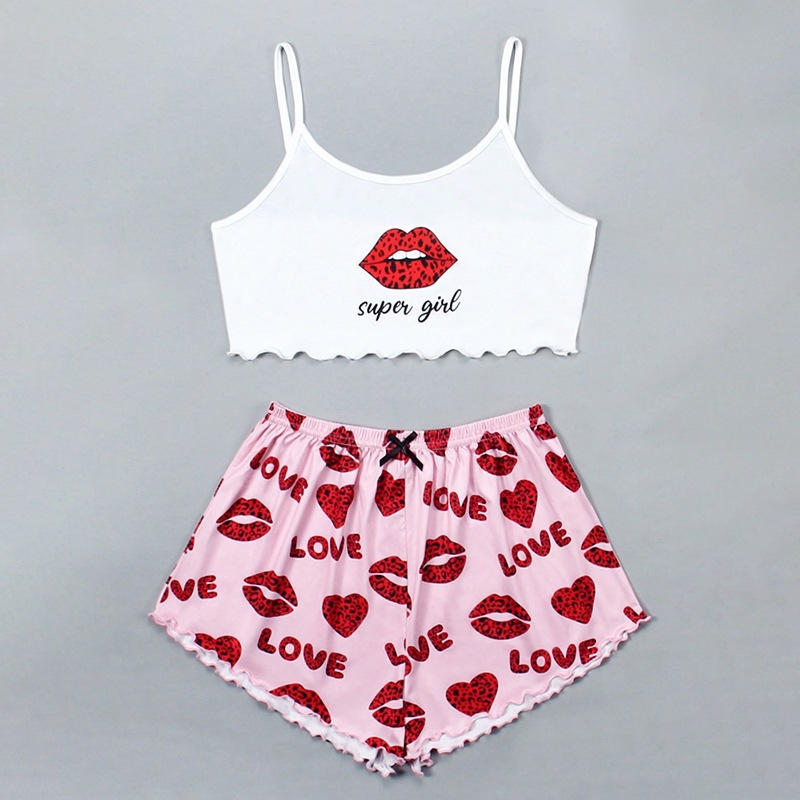 Knitted Vest Camisole Pattern Printing Comfortable Thin Women's Pajamas Suit Lips S - Shop at LoveMi