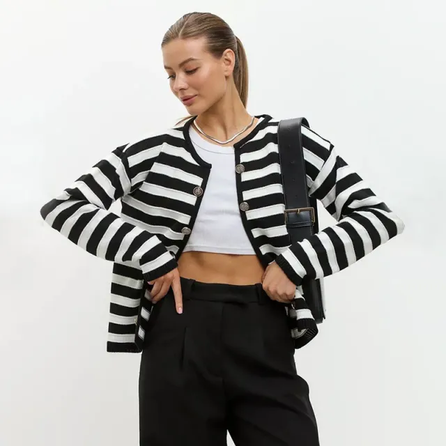 Slim fit Buckle Striped Knitted Cardigan Black And White Stripes - Shop at LoveMi