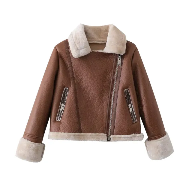 Women's French Fur Zipper Decorations All matching Long sleeved Jacket Coat Brown - Shop at LoveMi
