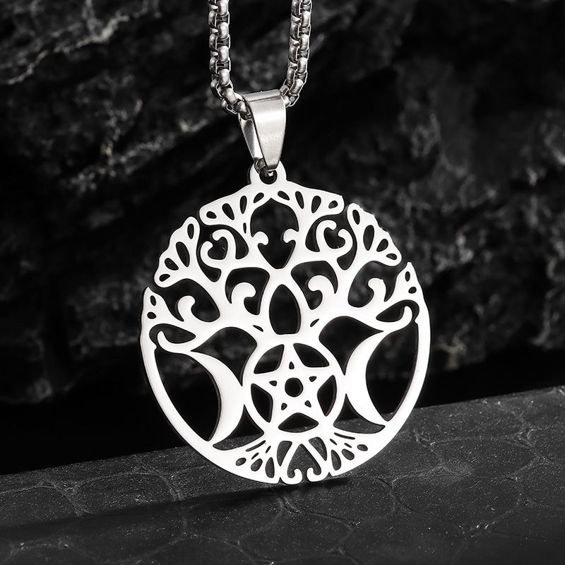 New Witch Tree Of Life Triple Moon Pentagram Unisex Style Stainless Steel Silver Necklace