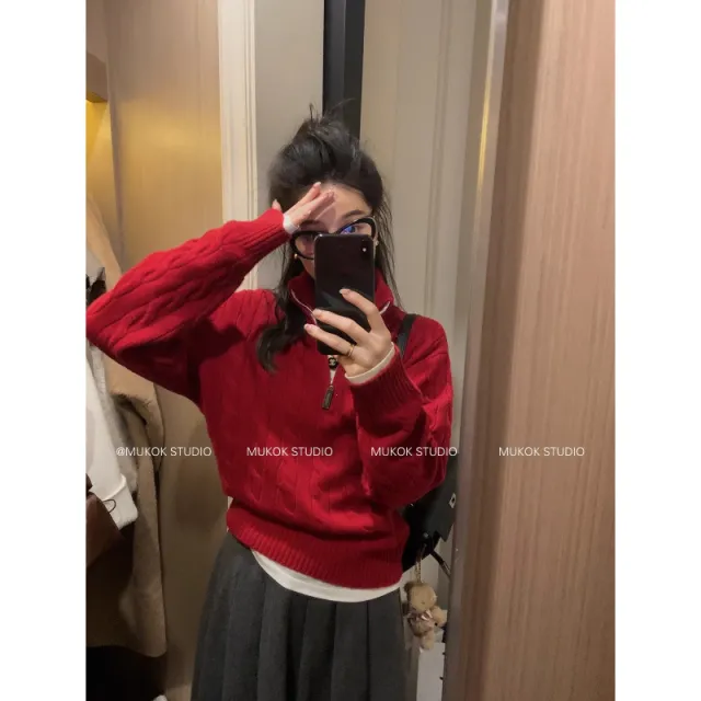 Twist Design Pure Color All matching Soft Glutinous Fashionable Long Sleeve Knitted Top Red - Shop at LoveMi