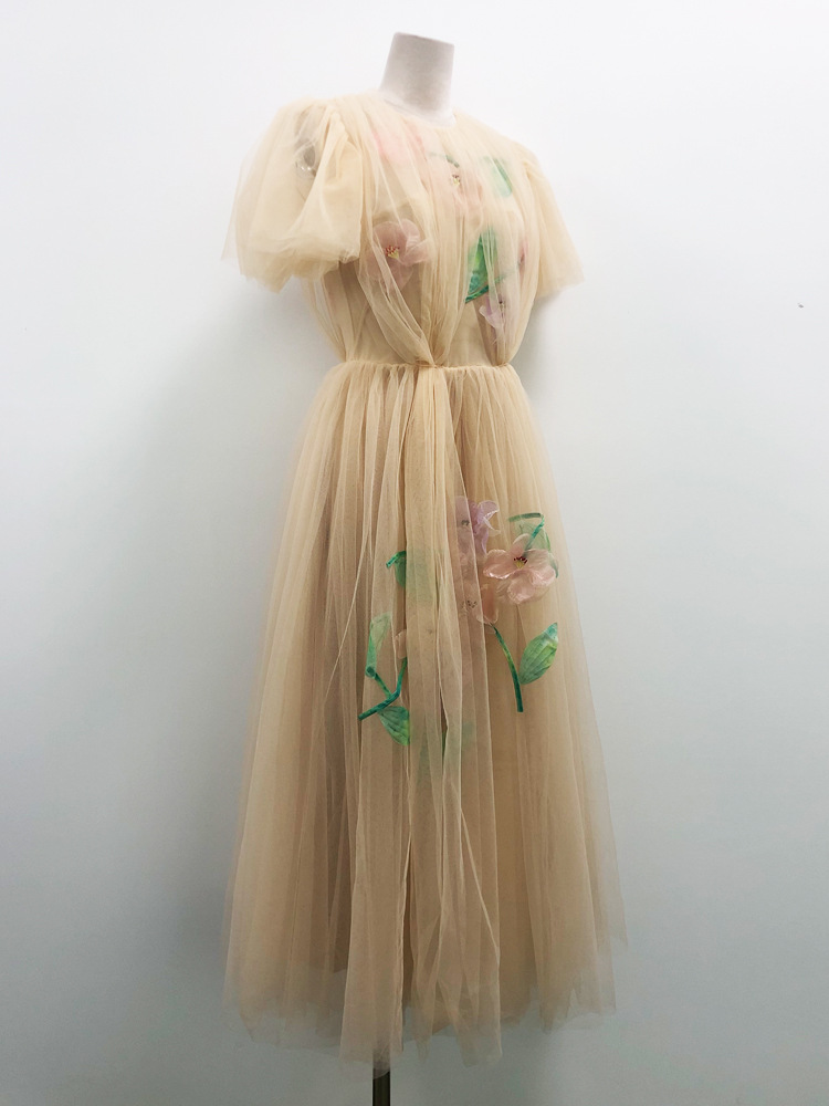 Designer Heavy Industry Net Yarn Hand stitched Flower Fairy Dress Apricot - Shop at LoveMi