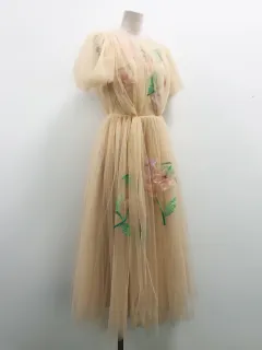 Designer Heavy Industry Net Yarn Hand-stitched Flower Fairy Dress - Apricot - View 1