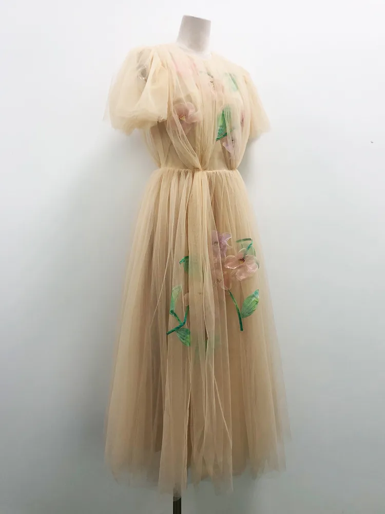 Designer Heavy Industry Net Yarn Hand-stitched Flower Fairy Dress - Apricot
