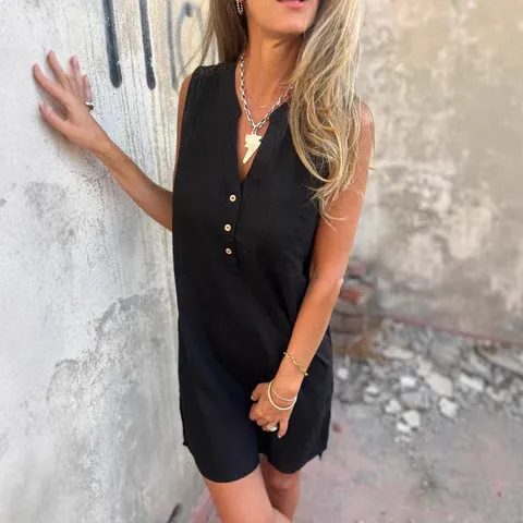 Fashion Casual Cotton Linen Solid Color Buttons Pocket Deep V neck Dress Black - Shop at LoveMi