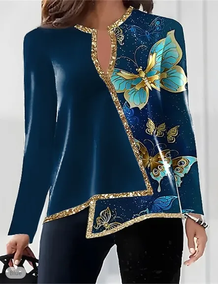 Women's V-neck Fashion Irregular Hem Long Sleeved Fitted T-shirt - 3 Style-Xl