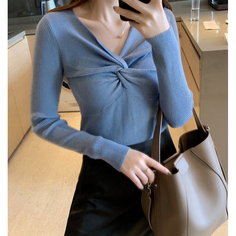 秋冬装新款扭结设计修身羊毛针织衫女v领上衣内搭毛衣打底衫