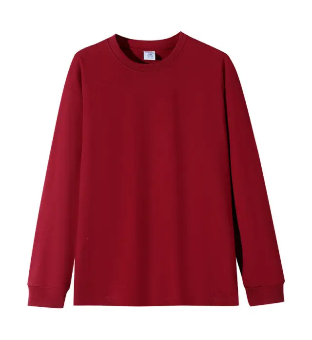 Solid color Heavyweight Pure Cotton Crew neck Long sleeve T shirt For Women Wine Red - Shop at LoveMi
