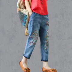 Women's Denim Cropped Harem Pants Loose - 9906 Small Flower Ninth-29 - View 1