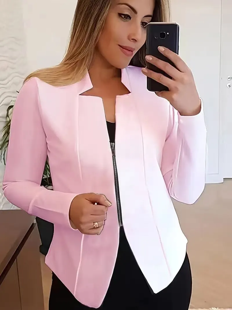 Women's Solid Color Top Zipper Jacket Small Suit - Light Pink