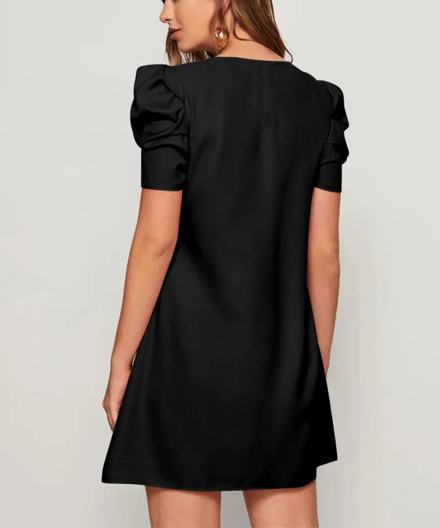 Elegant Women's Short Sleeve High Waist Slimming Dress Black - Shop at LoveMi