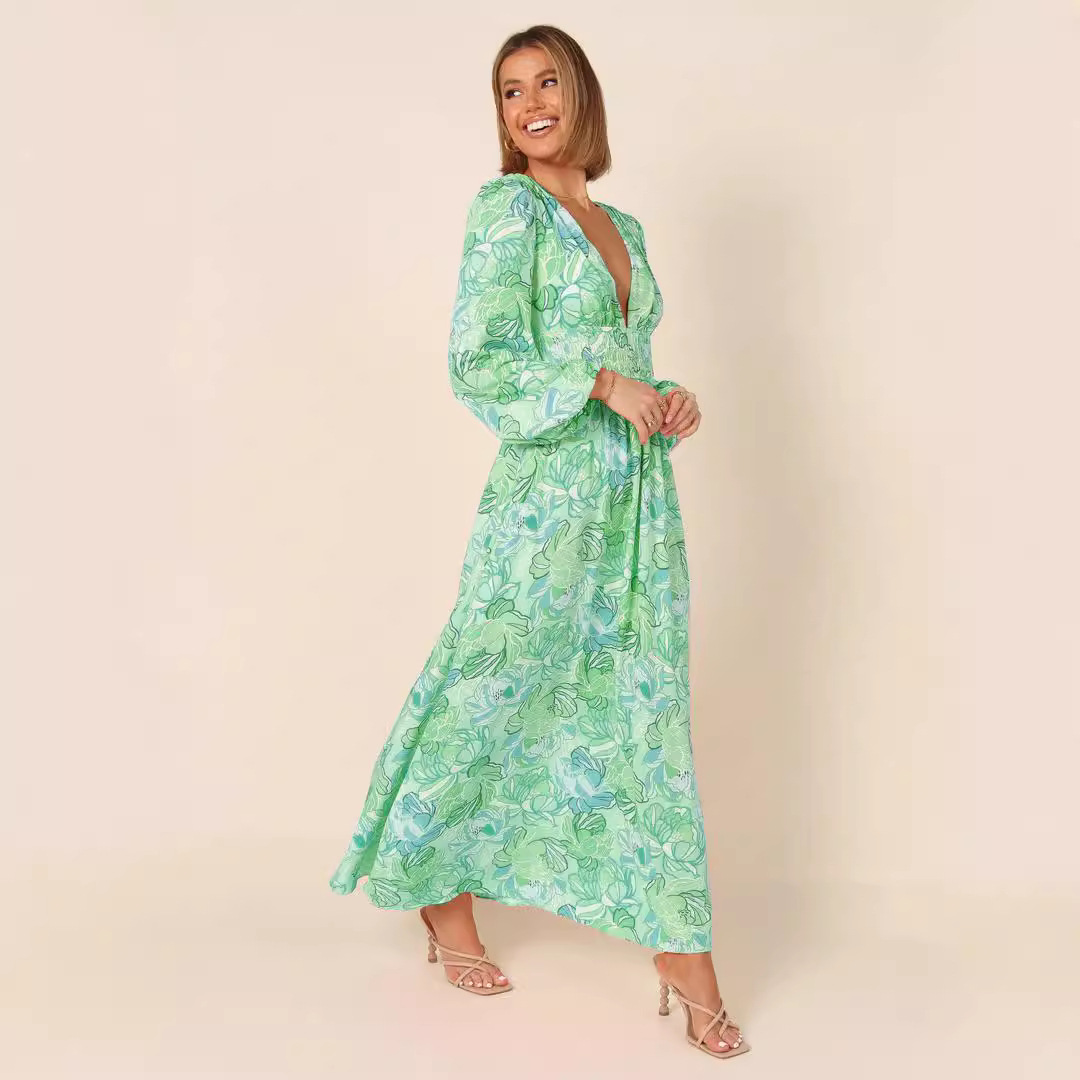 Printed Backless Deep-V Sexy Best-selling Long-sleeve Dress - photo 6