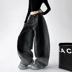 Retro Gradient American All-match Loose Machete Casual Denim Trousers American - Black - View 1