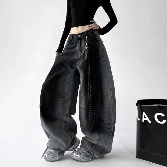 Retro Gradient American All match Loose Machete Casual Denim Trousers American Black - Shop at LoveMi
