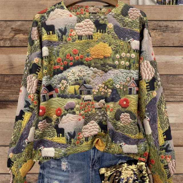 Women's Autumn Long Sleeve Knitted Loose Top Flower Color 2 - Shop at LoveMi