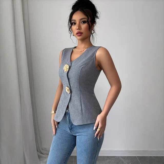 Sleeveless Rose Button Slim Vest Elegant Commute Gray - Shop at LoveMi