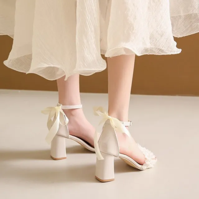 French Style Chunky Heel Sandals Bow Pearl High Heels Buckle Sandals Beige - Shop at LoveMi