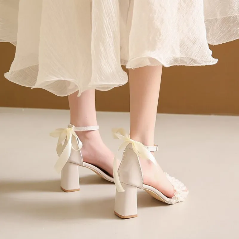 French Style Chunky Heel Sandals Bow Pearl High Heels Buckle Sandals - Beige