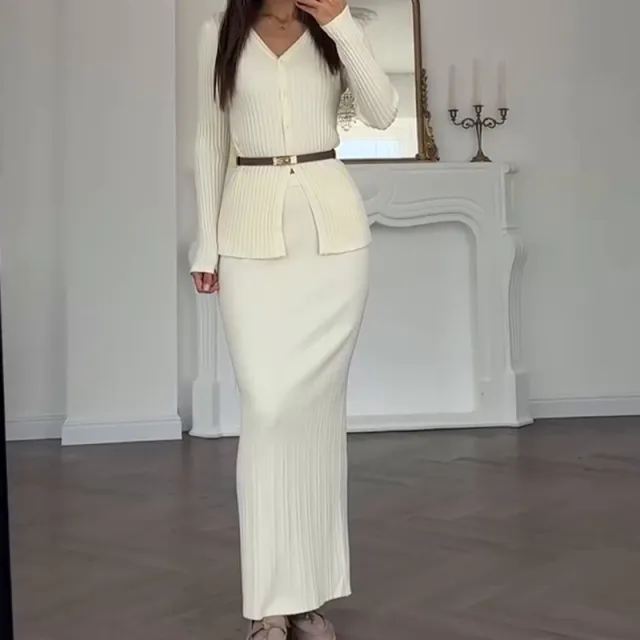 Long Sleeve Knitted Temperament High Waist Sheath Long Skirt Champagne - Shop at LoveMi