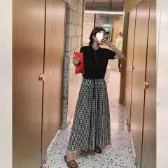 Summer Plaid Wide-leg Cotton And Linen Culottes Elastic High Waist Slimming - White - View 1